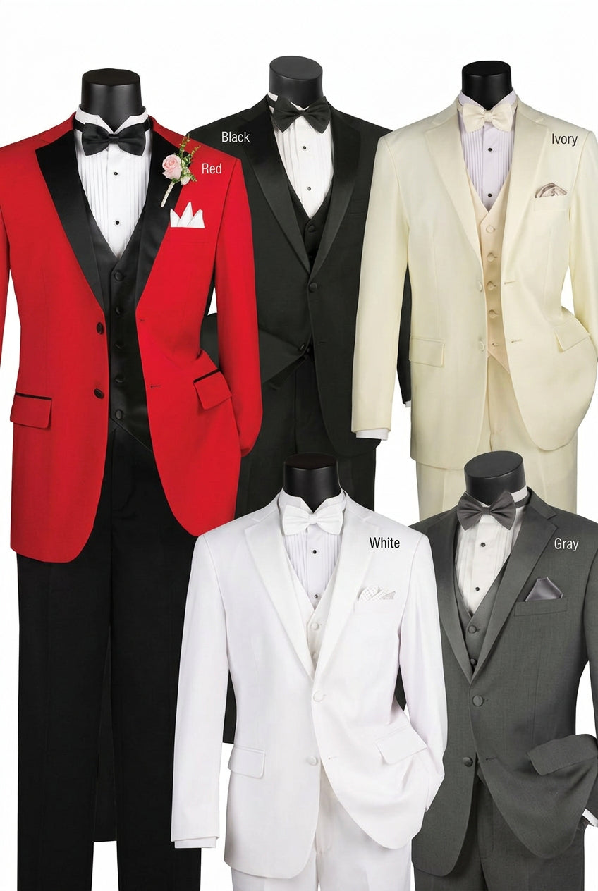 Five men's tuxedo jackets displayed on black mannequins against a white background, shown in red, black, cream, white, and gray. Each jacket is styled with a matching vest, white pleated shirt, and bow tie.