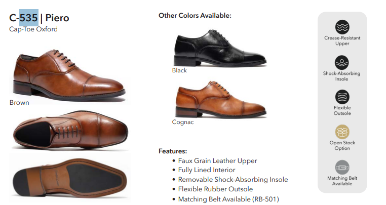 Bonafini C-535 Piero Cap-Toe Oxford — Brown, Black, and Cognac color options with feature callouts